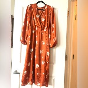 Rust Floral Satin All in Favor Midi Dress, sheer with shorter slip sewn in
